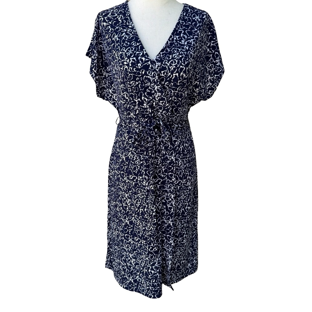 Nicole Miller Preppy Minimalist Abstract Print Faux Wrap Jersey Dress Navy M